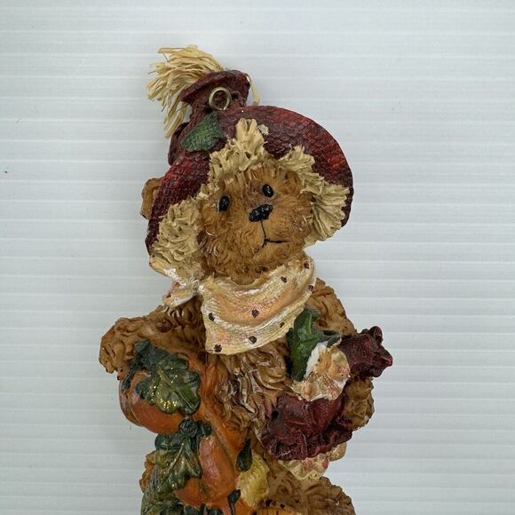 Harvest Bear Figurine Ornament Straw Hat Pumpkin Stack Thanksgiving Fall Resin - Picture 3 of 9